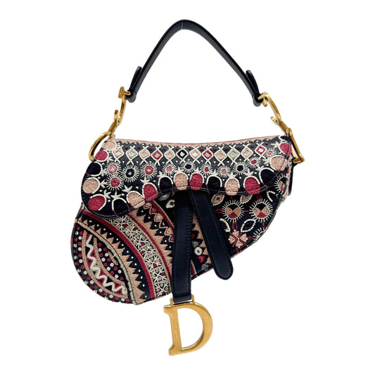 Mini Saddle Multicolor Embroidered and Beaded Black Leather Hand Bag