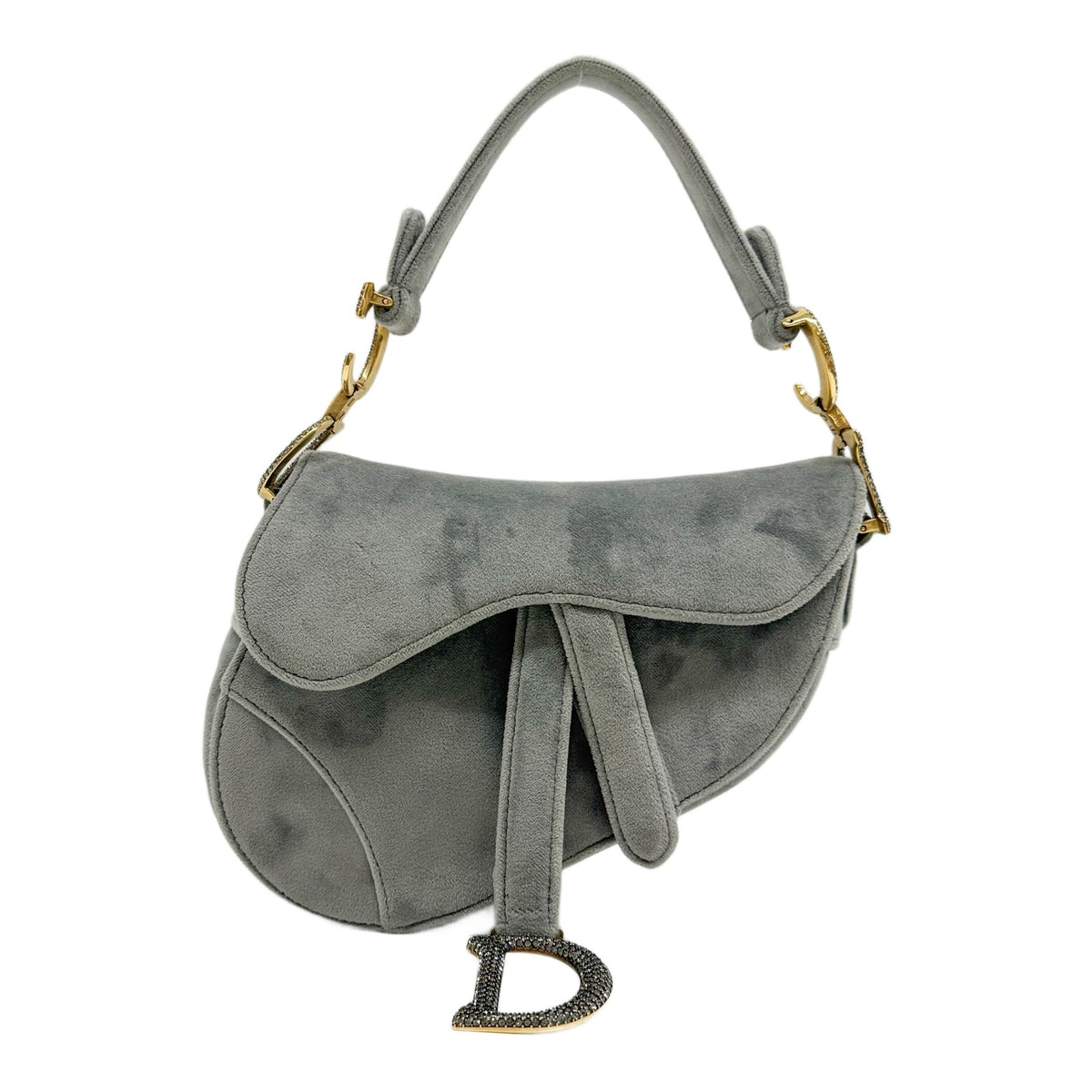 Mini Saddle Grey Velvet Hand Bag with Rhinestone Gold Hardware