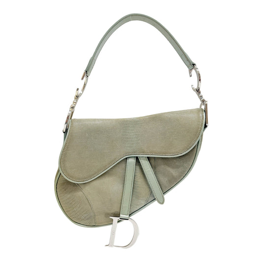 Saddle Sage Green Lizard Embossed Leather Shoulder Bag with Silver Hardware.
