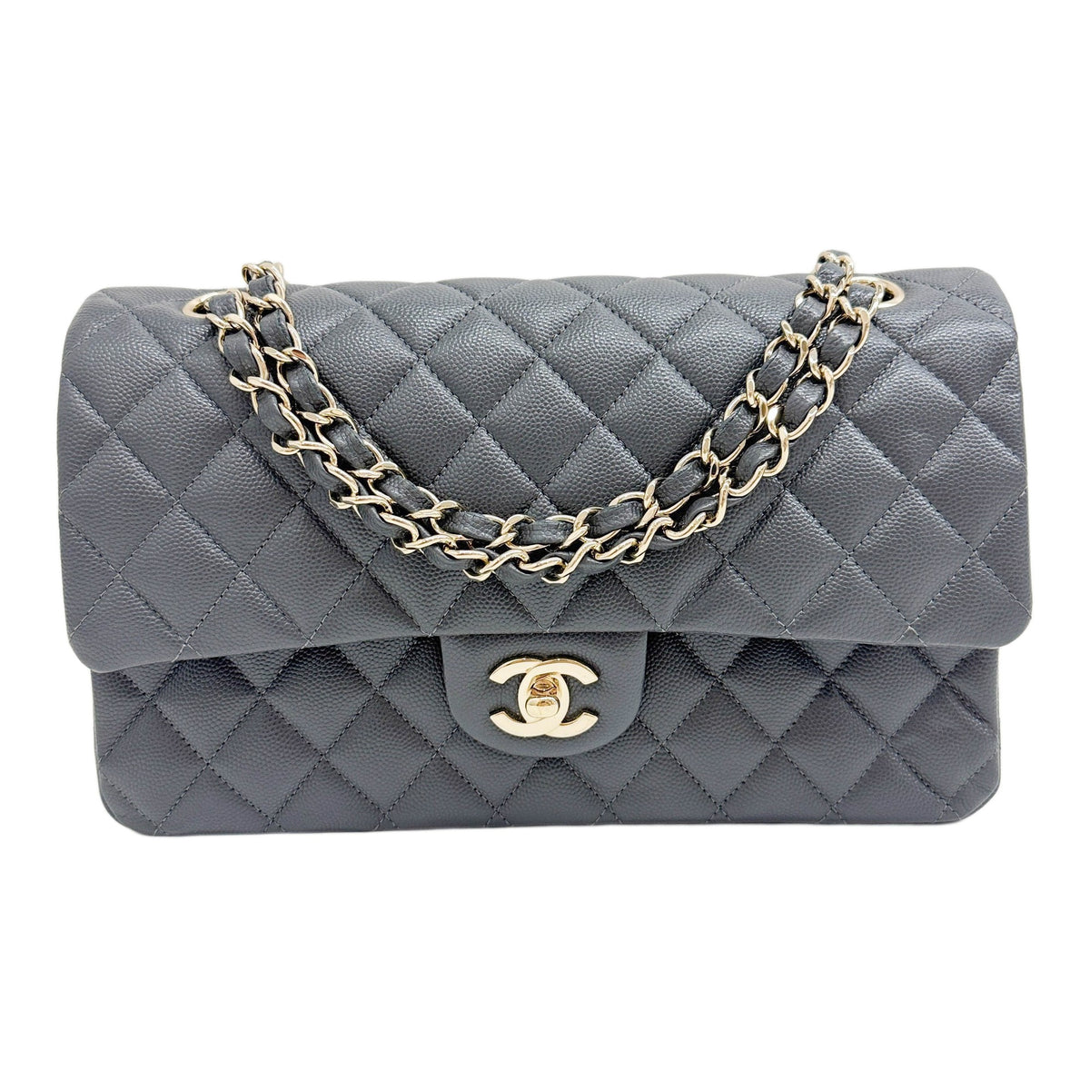 Classic Double Flap Graphite Grey Caviar Skin Leather Shoulder Bag