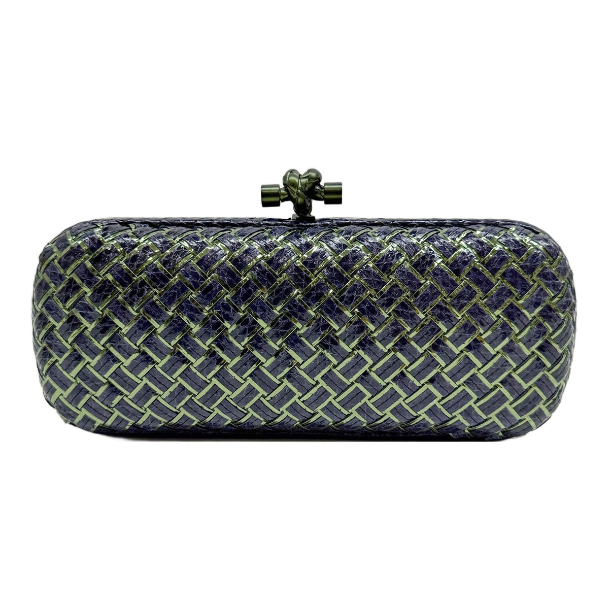 Long Knot Intrecciato Green and Indigo Blue Python Embossed Leather Clutch Bag