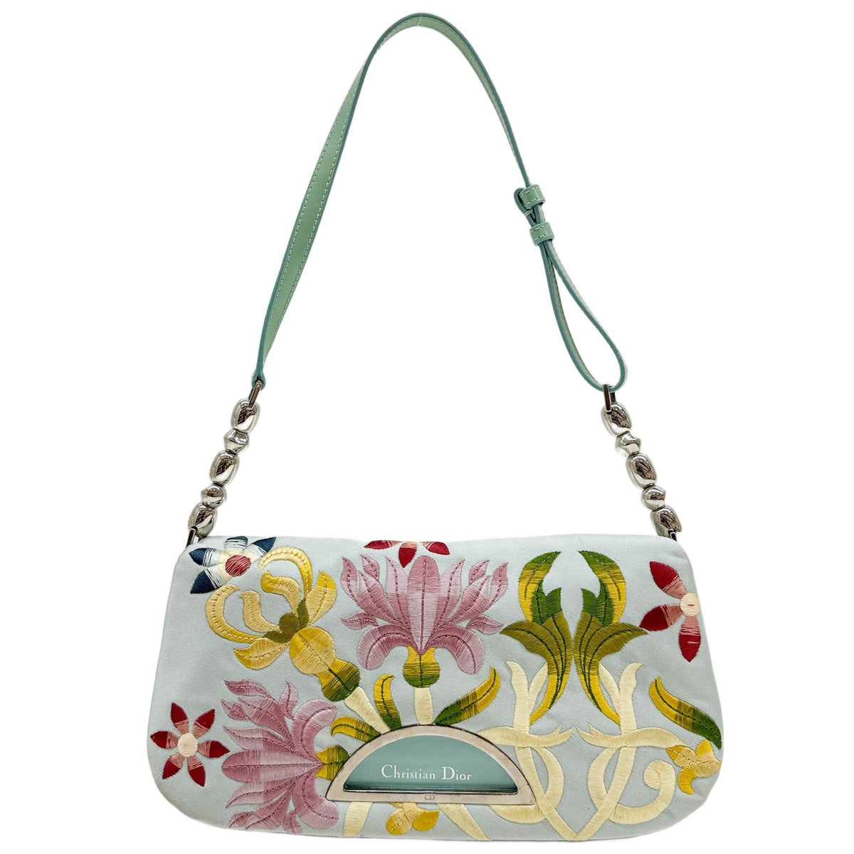 Mailce Pearl Floral Embroidery Mint Green Satin Shoulder Bag