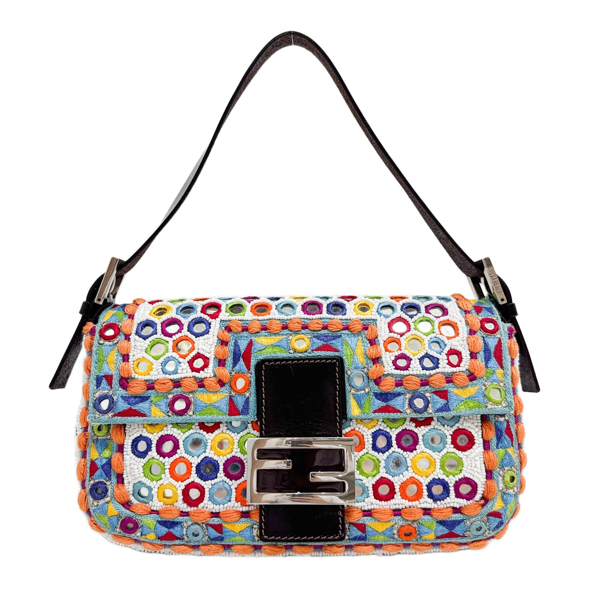 Baguette Mirror Specchietti Embroidered and Beaded Multicolor Cotton Shoulder Bag