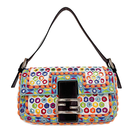 Baguette Mirror Specchietti Embroidered and Beaded Multicolor Cotton Shoulder Bag