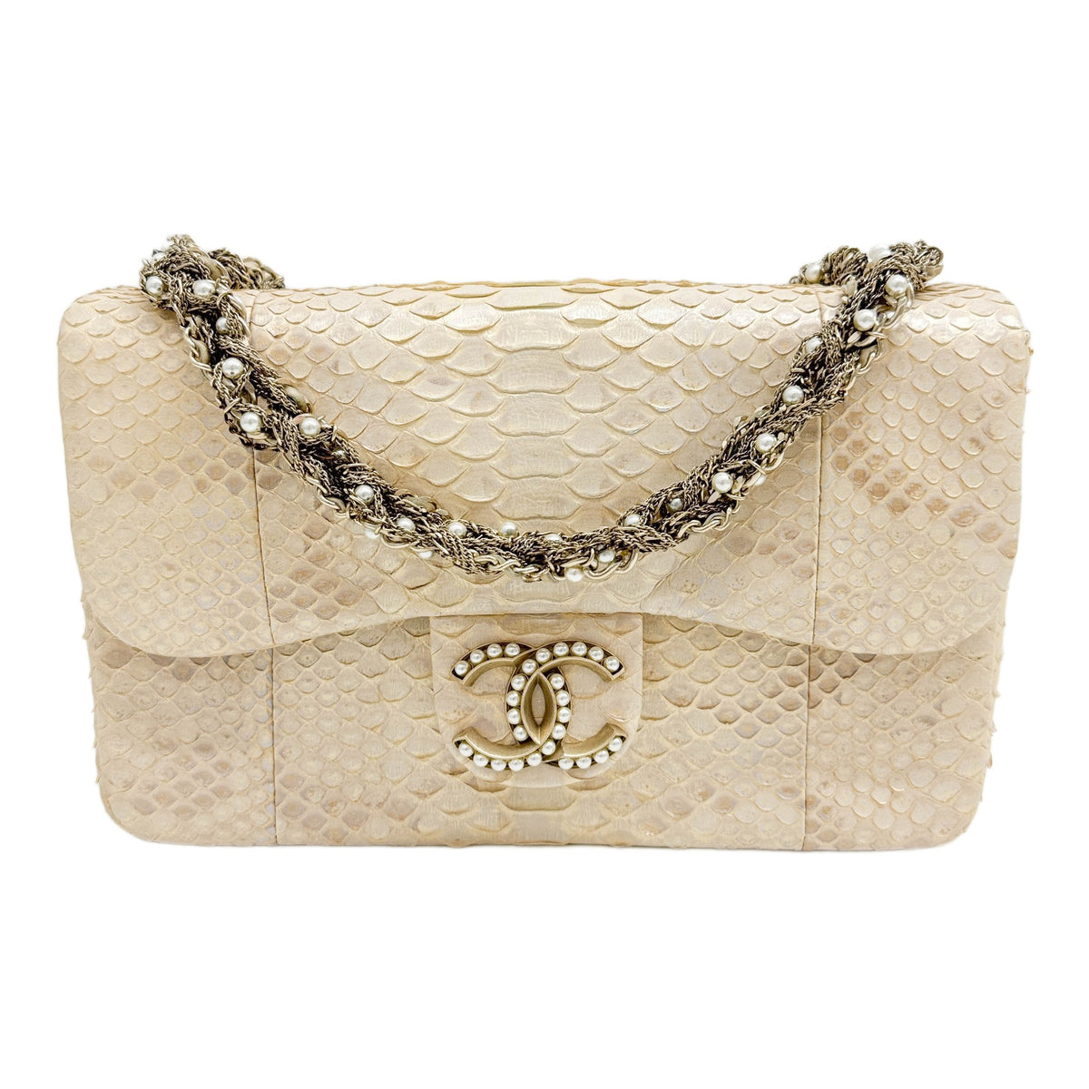 Westminster Pearl Flap 2015-2016 Cream Beige Python Embossed Leather Shoulder Bag