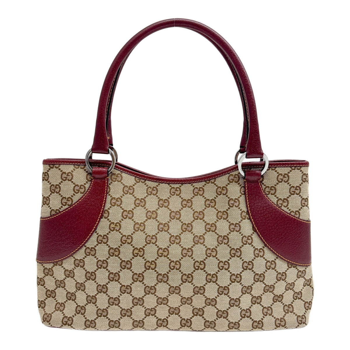 Red Leather Trim Brown GG Canvas Tote Shoulder Bag