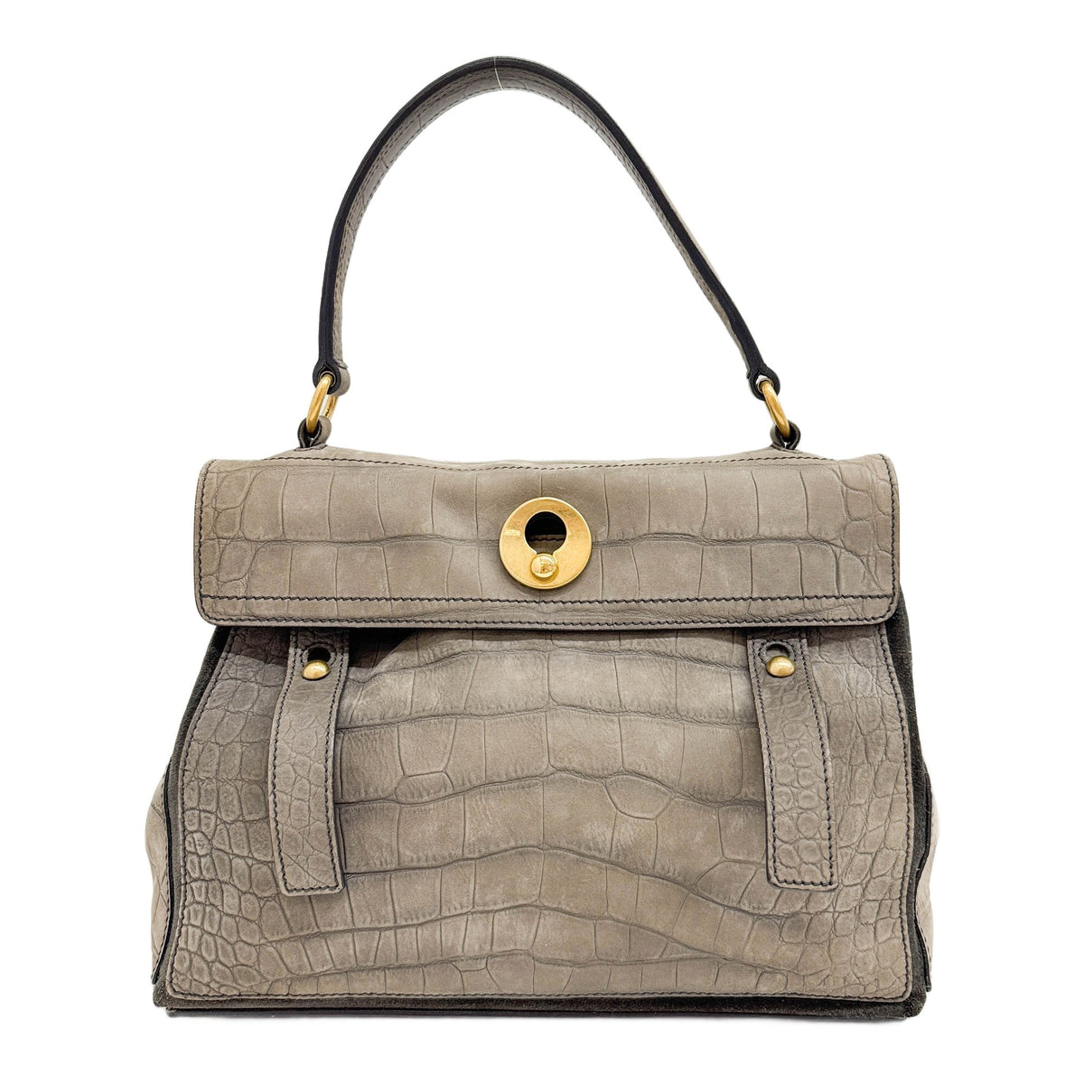 Muse 2 Elephant Grey Crocodile Embossed Nubuck Leather Shoulder Bag