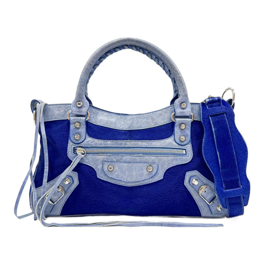 The First Indigo Blue Pony Hair Two Way Bag with Leather Trim