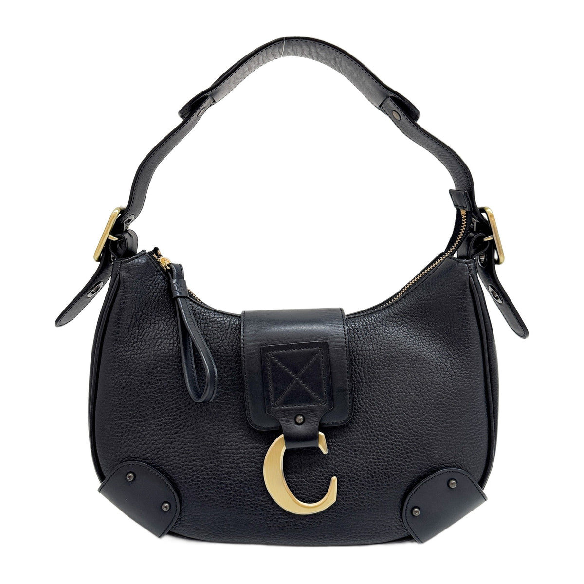 Vintage C-Logo Black Leather Shoulder Bag with Gold Hardware