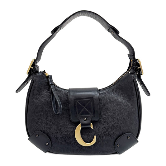 Vintage C-Logo Black Leather Shoulder Bag with Gold Hardware