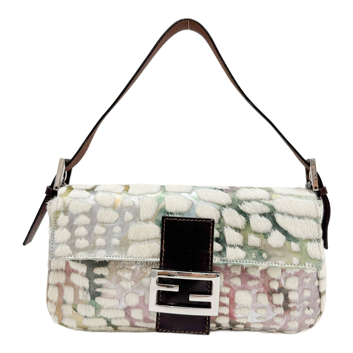 Baguette Iridescent Multicolor Leather and Off-White Pony Hair Shoulder Bag