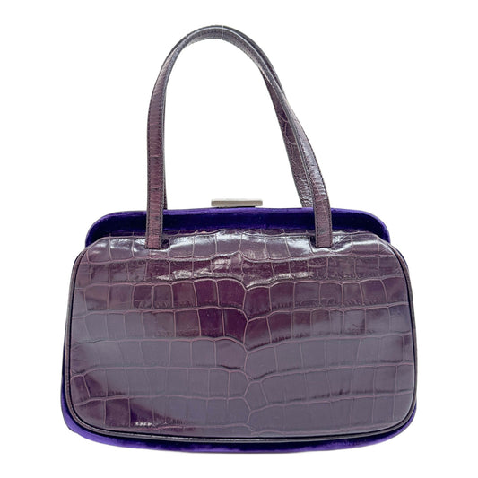 Top Handle Velvet Frame Purple Crocodile Embossed Leather Hand Bag