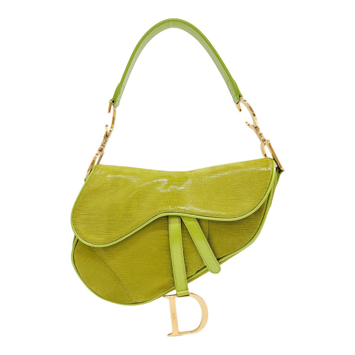 Saddle Green Lizard Embossed Leather Shoulder Bag with Gold Hardware.