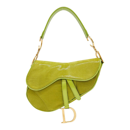 Saddle Green Lizard Embossed Leather Shoulder Bag with Gold Hardware.