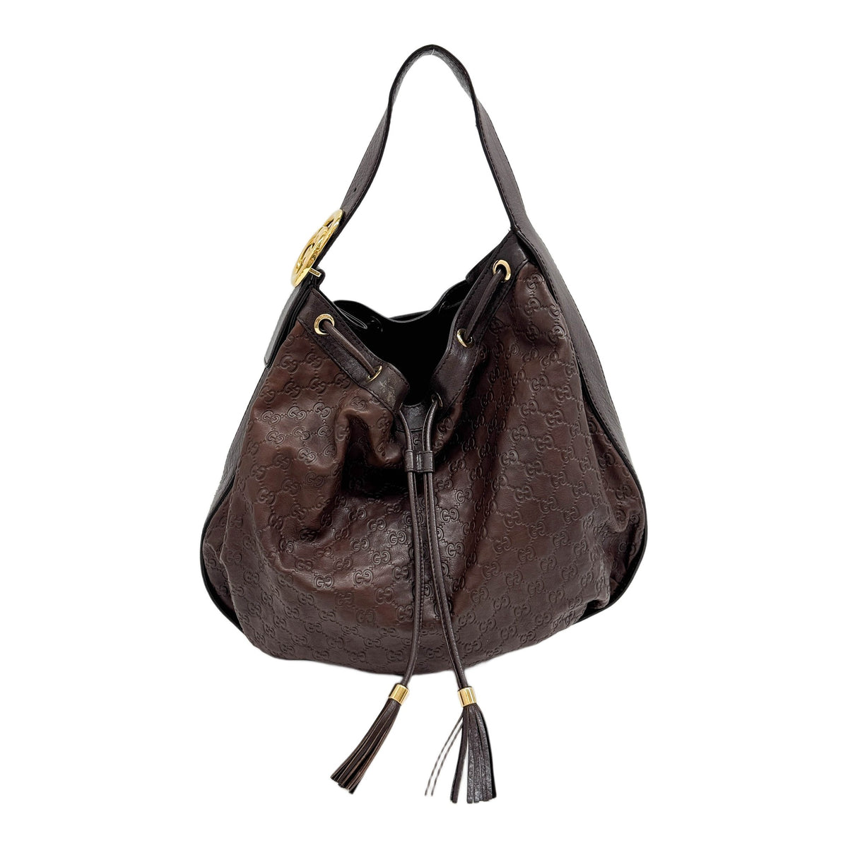 Interlocking Icon Drawstring Hobo Brown Guccissima Leather Shoulder Bag