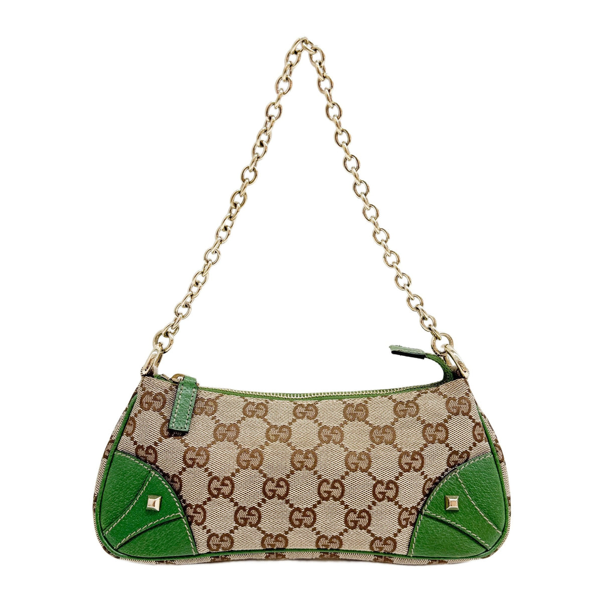 Green Leather Trim Brown GG Canvas Shoulder Bag