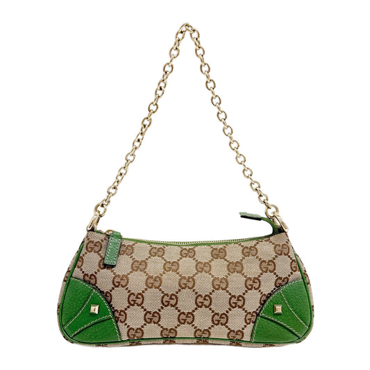 Green Leather Trim Brown GG Canvas Shoulder Bag