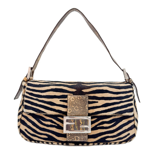 Baguette Brown Zebra Print Pony Hair Shoulder Bag with Lizard Trim