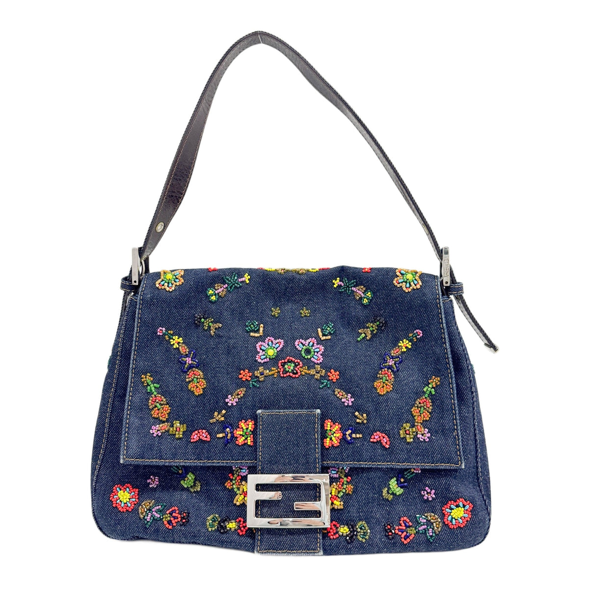 Mamma Baguette Blue Denim Shoulder Bag with Beaded Flowers