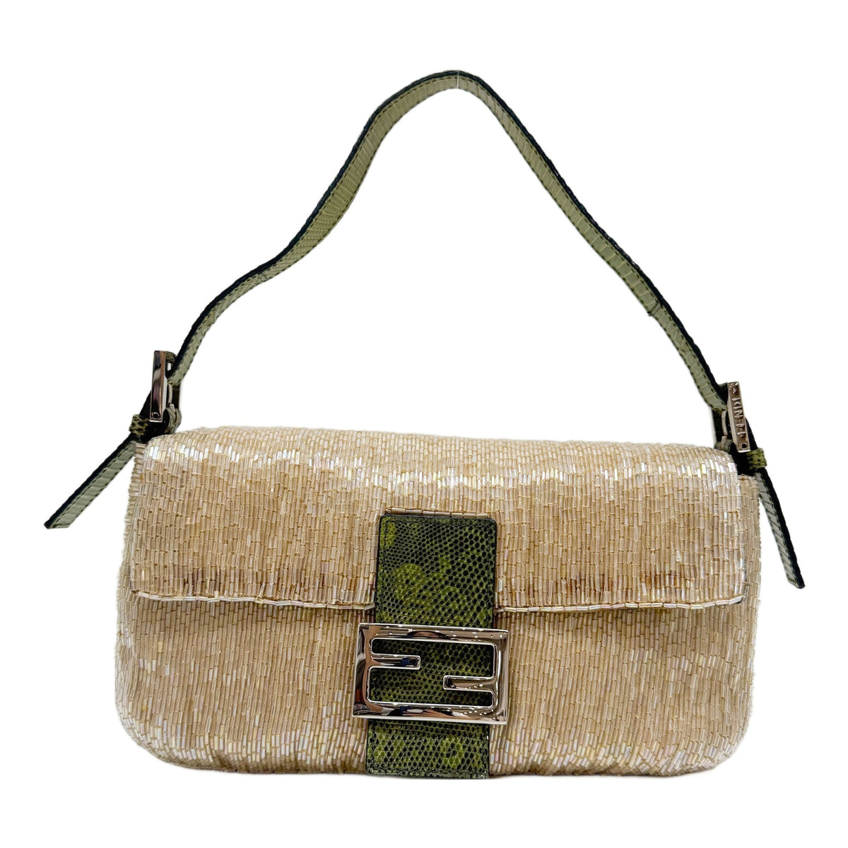 Baguette Beige & Green Beaded Python Embossed Leather Shoulder Bag