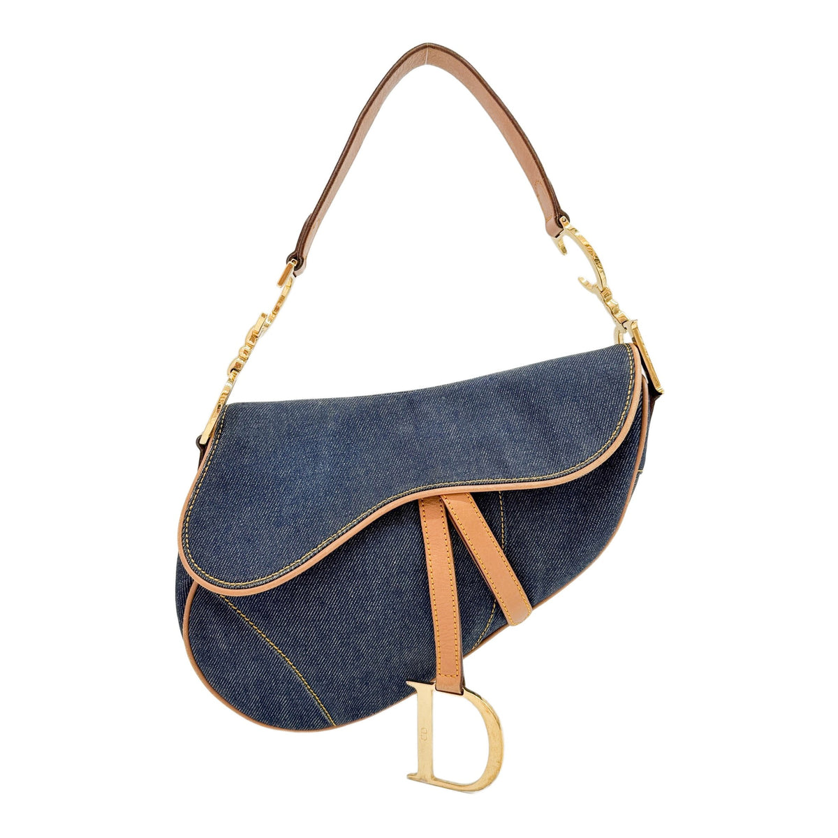 Saddle Brown Leather Trim Blue Denim Shoulder Bag