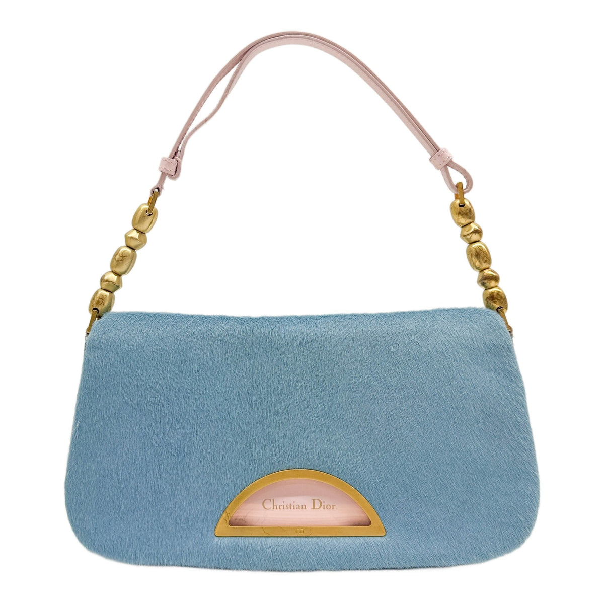 Malice Pearl Blue Pony Hair and Python Embossed Leather Shoulder Bag with Pink Accents