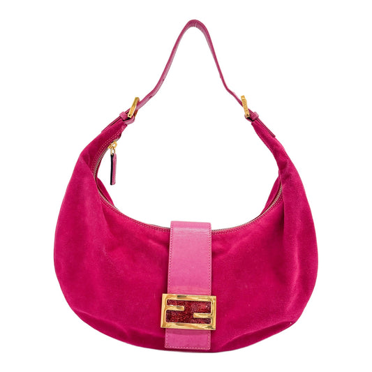 Croissant Hot Pink Suede Shoulder Bag