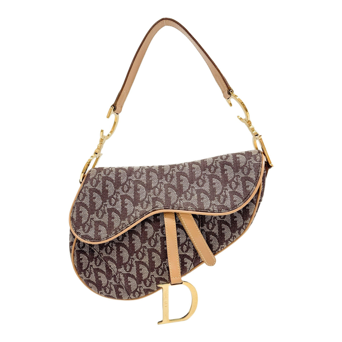 Saddle Brown Trotter Canvas Shoulder Bag with Beige Leather Trim and Gold Hardware