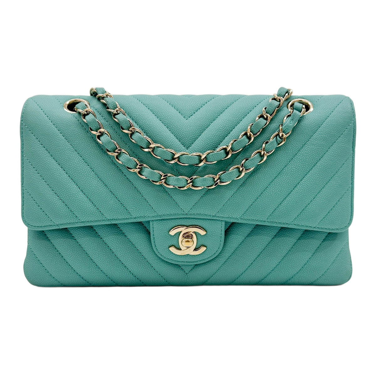 Classic Double Flap 2019 Chevron Tiffany Blue Leather Shoulder Bag