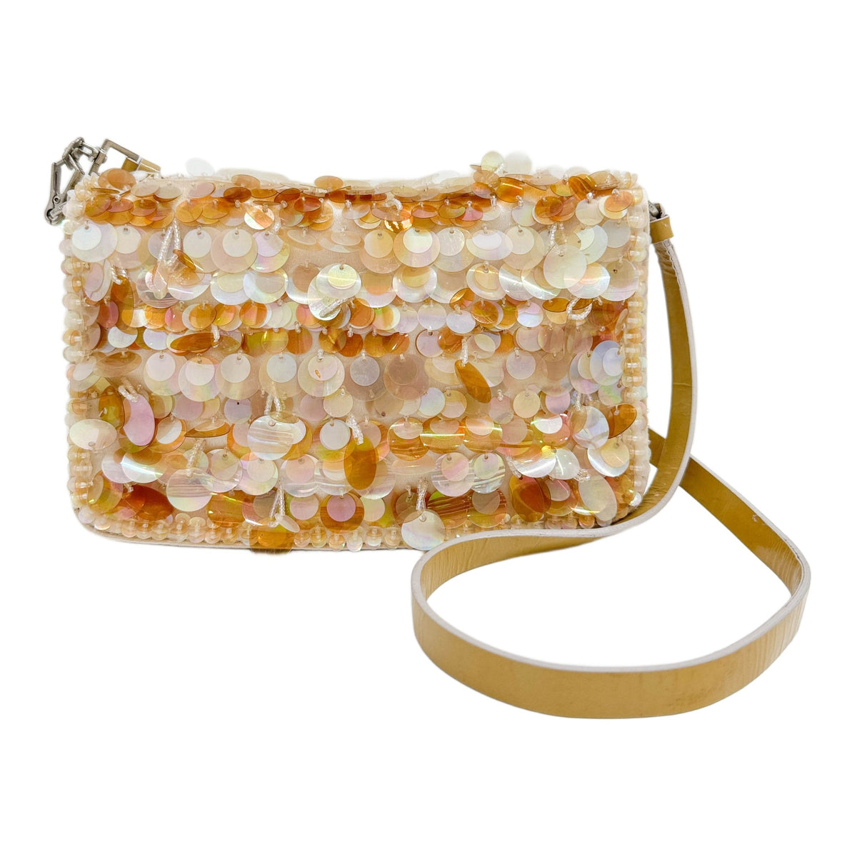Beaded Sequin Champagne Beige Satin Shoulder Bag