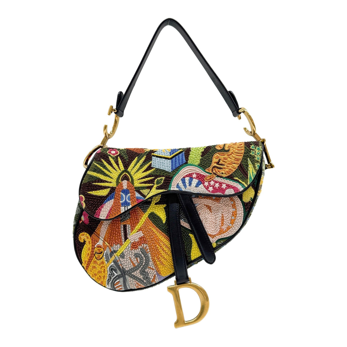 Limited Edition Saddle Beaded Multicolor Embroidered Canvas Shoulder Bag