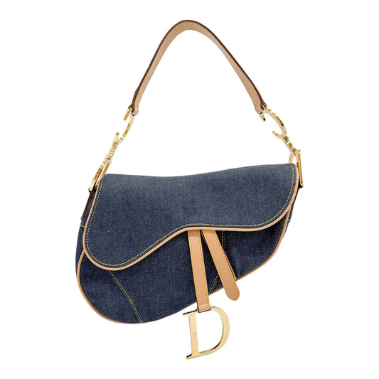 Saddle Brown Leather Trim Blue Denim Shoulder Bag
