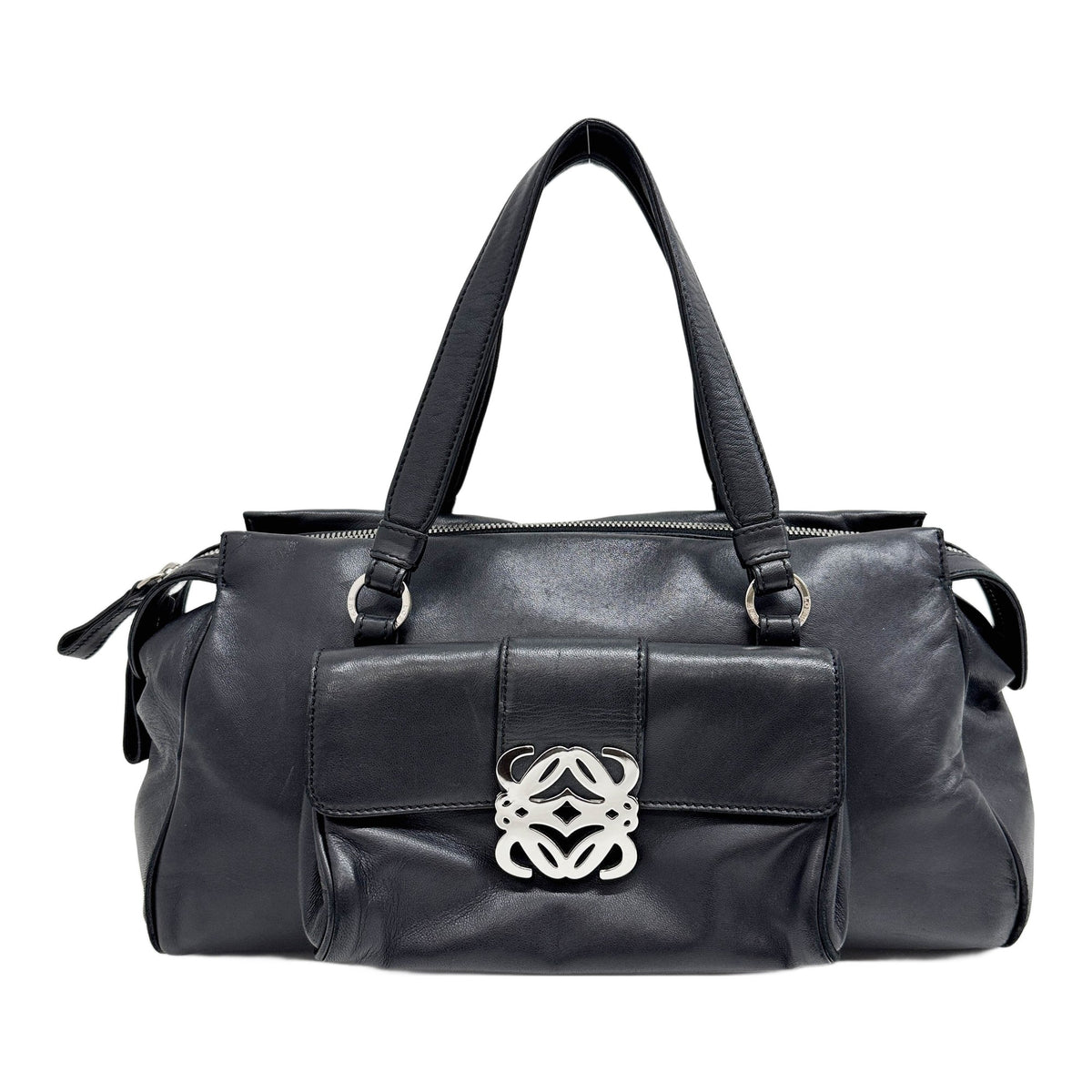Anagram Black Leather Hand Bag with Front Pocket