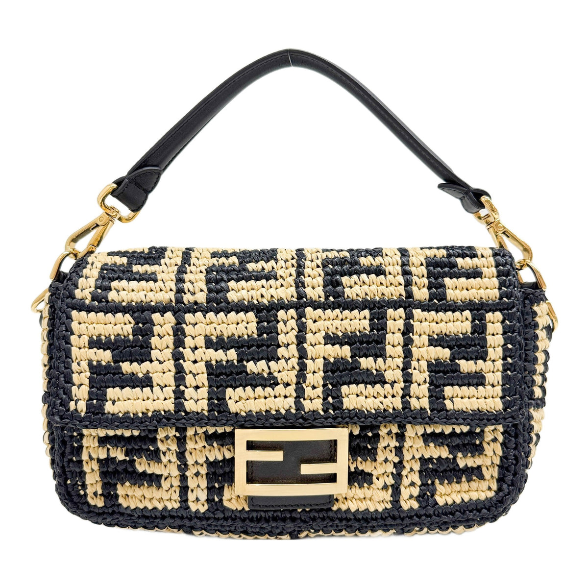 Baguette Zucca Black and Beige Raffia Shoulder Bag