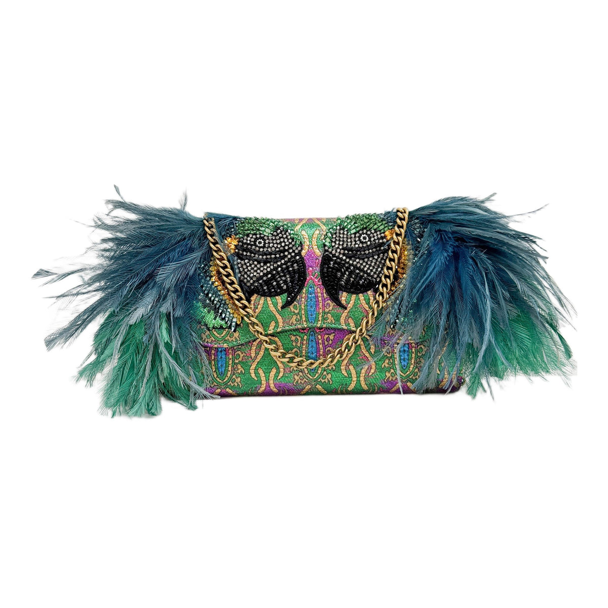 Brocade Broadway Parrot Green Canvas Clutch Chain Shoulder Bag with Rhinestones and Feathers