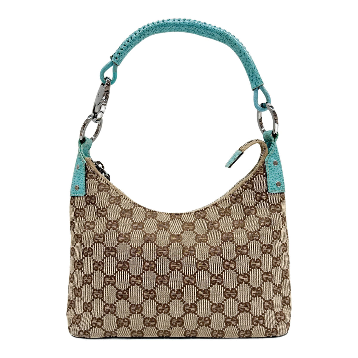 Ring Hobo Brown GG Canvas Shoulder Bag with Blue Leather Trim
