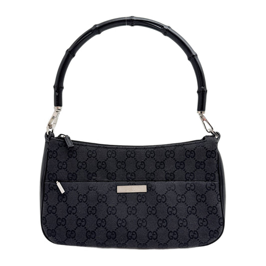 Bamboo Top Handle Black GG Canvas Handle Bag with Leather Trim