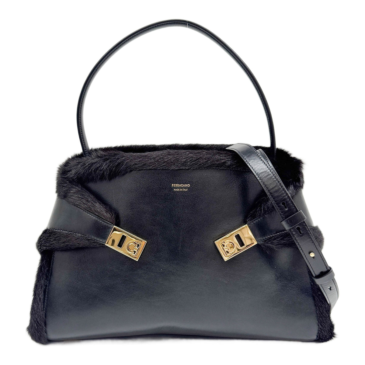 Hug Brown Fur Trim Black Leather Hand Bag