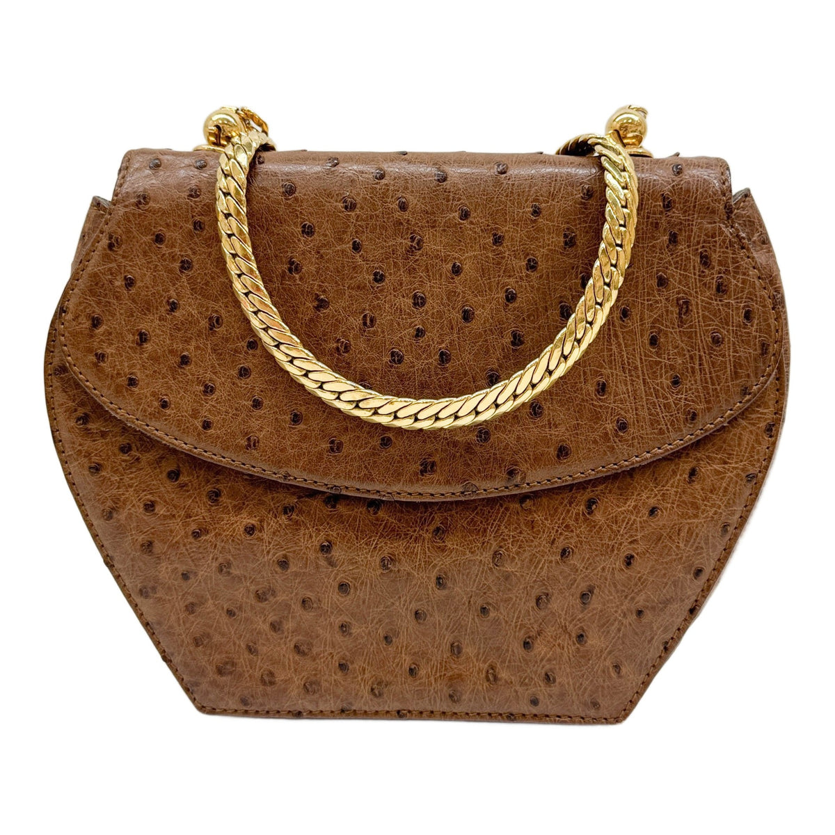 Brown Ostrich Embossed Leather Shoulder Bag