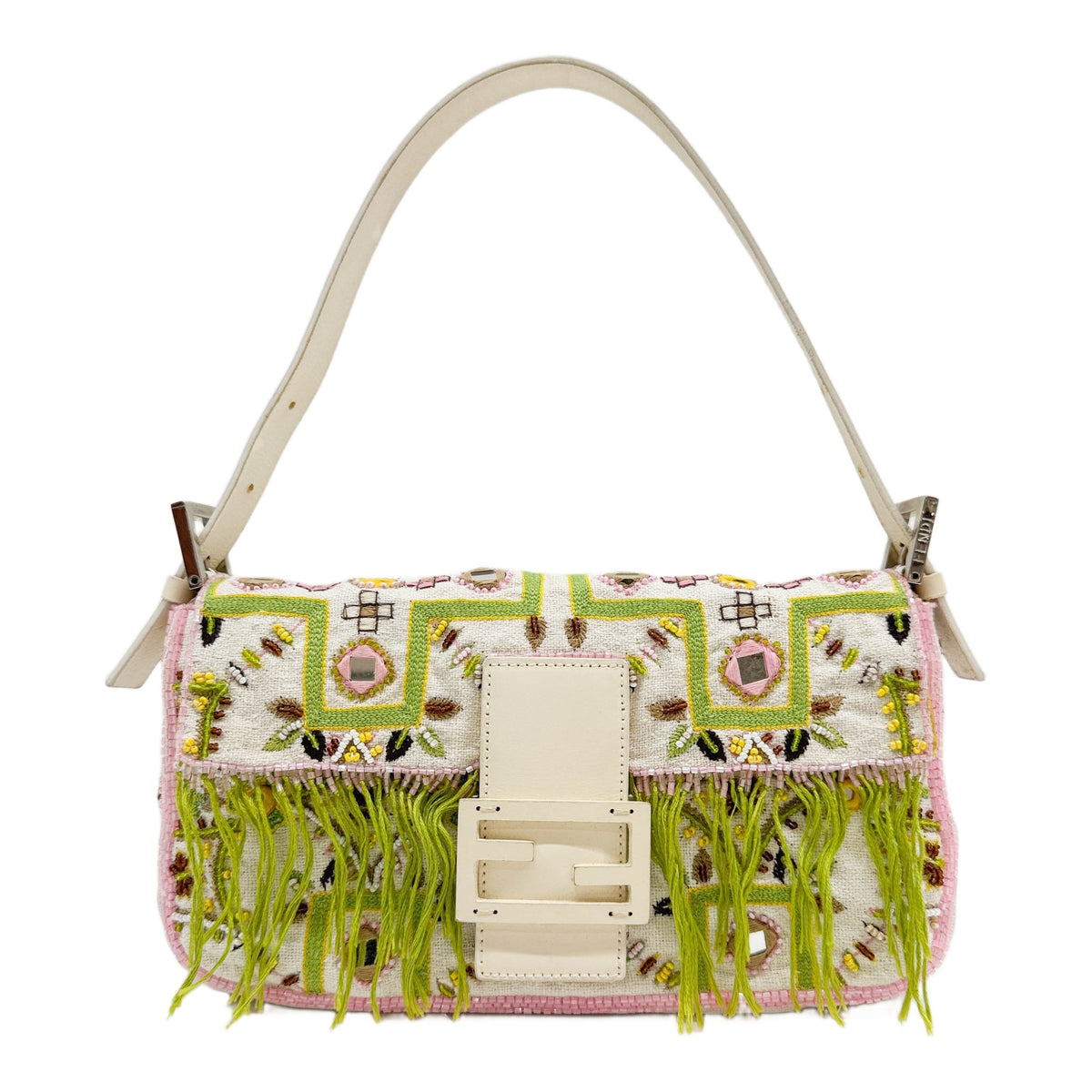 Baguette Embroidered Beaded Fringe White Cotton Canvas Shoulder Bag