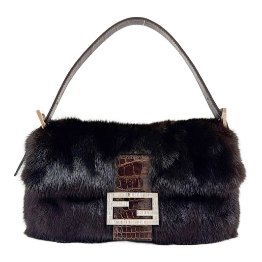 Baguette Crocodile Embossed Leather Strap Espresso Brown Fur Shoulder Bag