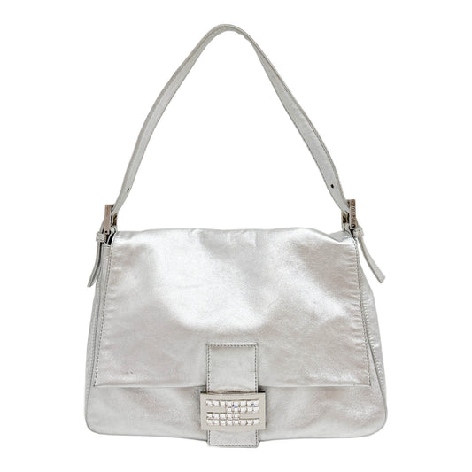 Mamma Baguette Metallic Silver Leather Shoulder Bag