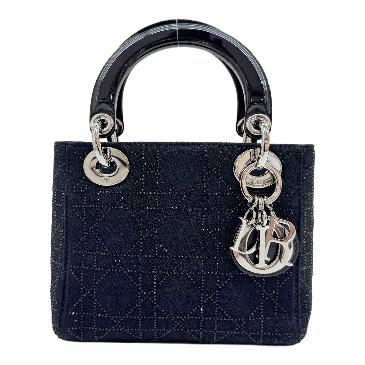 Limited Edition Mini Lady Dior Rhinestone Cannage Black Cotton Canvas Hand Bag