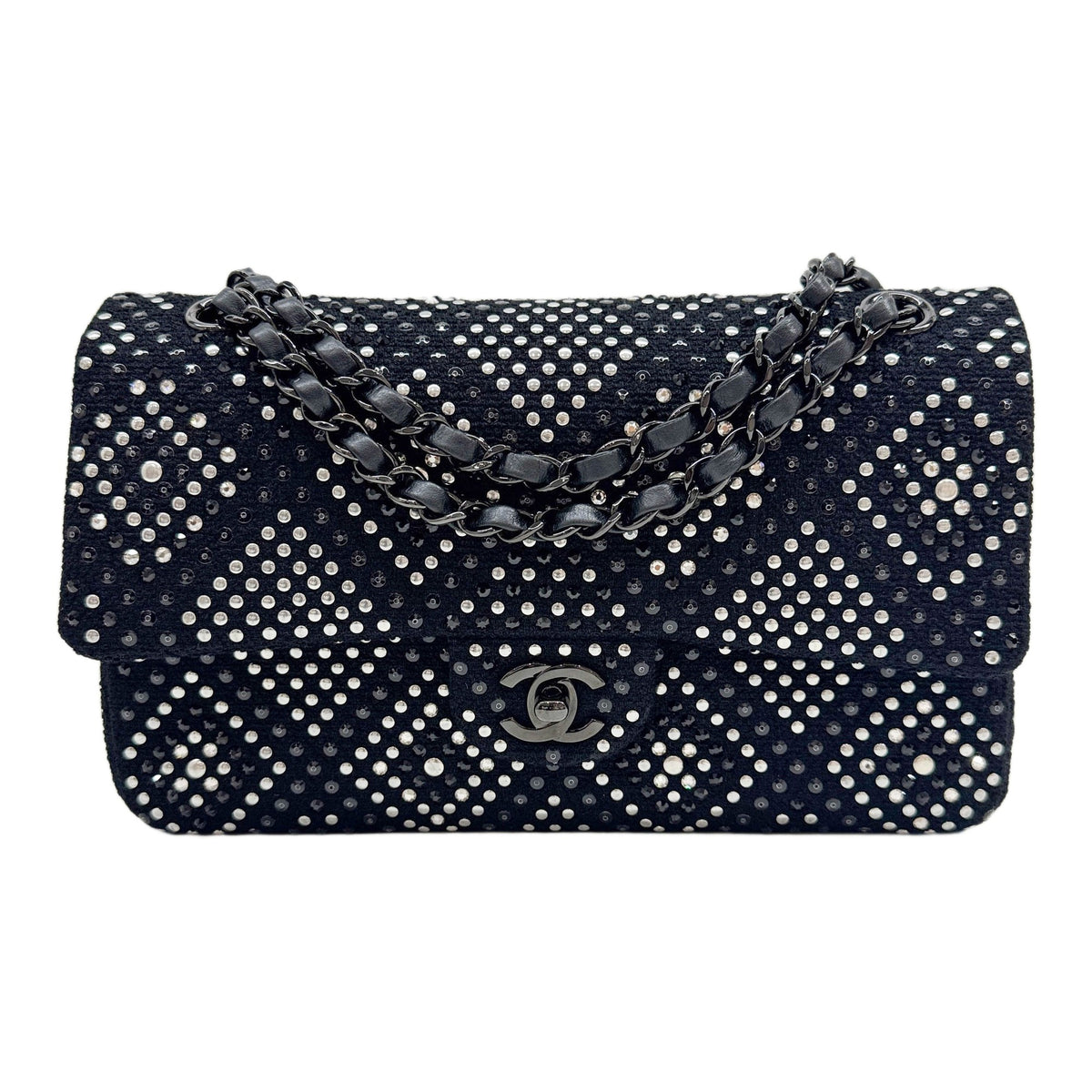 Classic Double Flap 2021- Studs Black Wool Chain Shoulder Bag