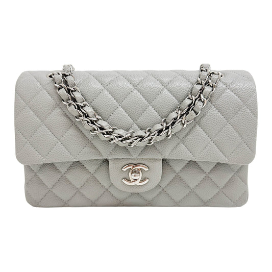 Medium Classic Double Flap 2014-2015 Matelasse Grey Caviar Leather Shoulder Bag