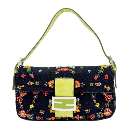 Baguette Floral Beaded Black Canvas Shoulder Bag with Light Green Python Trim