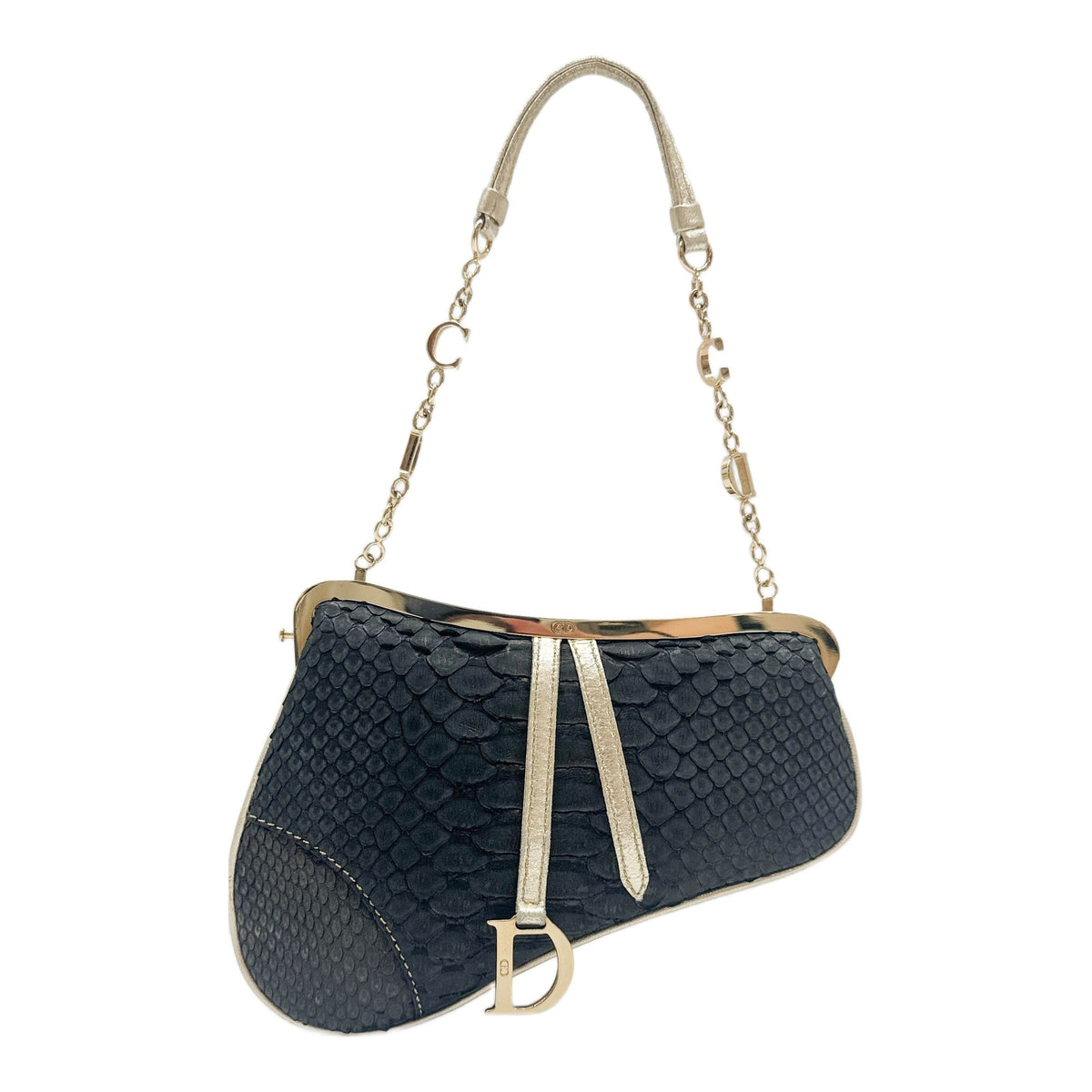 Mini Saddle Metallic Black & Gold Python Leather Hand Bag