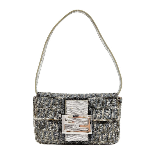 Mini Baguette Silver Beads and Grey Embroidered Canvas Hand Bag with Metallic Lizard Trim