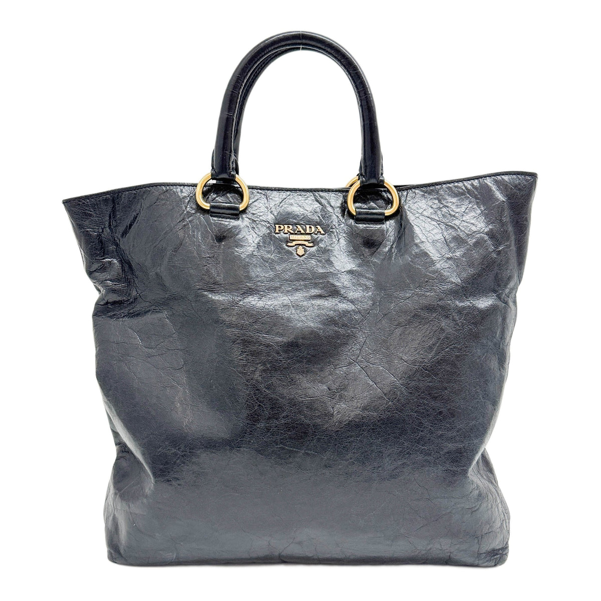 Large Black Crinkled Leather Two Way Tote Bag