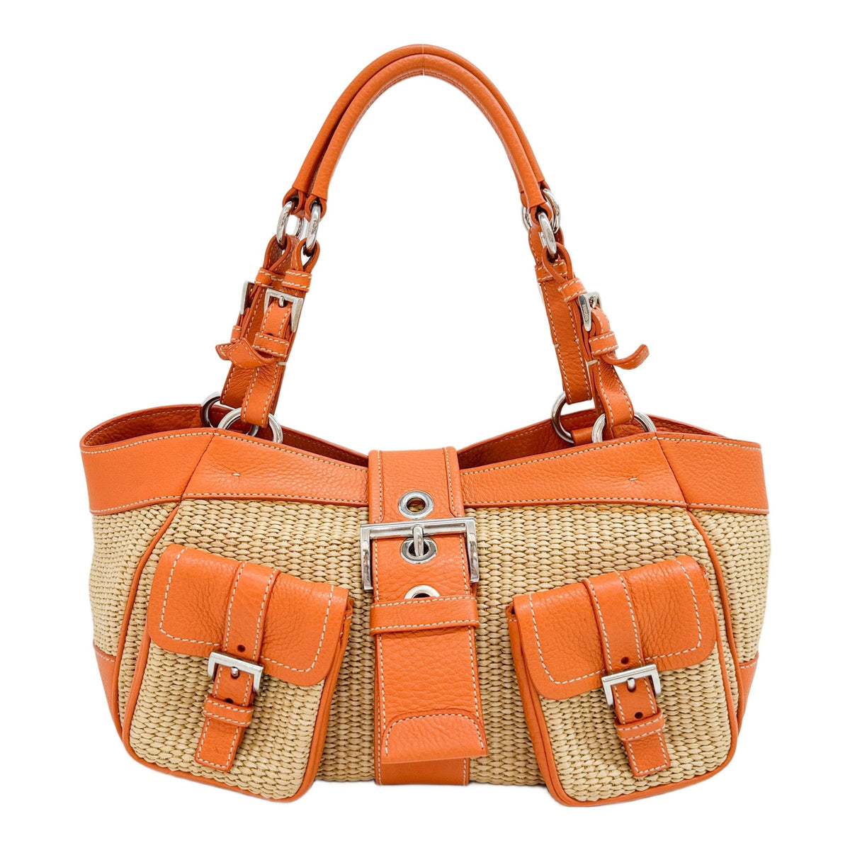 Dual Pocket Orange Trim Raffia Shoulder Bag